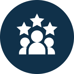 Three white human figures with three stars above them on a dark blue circular background.