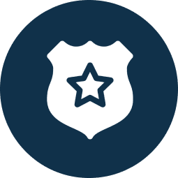 A white police badge icon with a star in the center, displayed on a dark blue circular background.