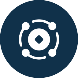 White icon of four connected circles orbiting a central diamond shape, displayed on a dark blue circular background.