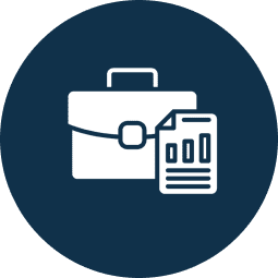 White briefcase and document with bar chart icons on a dark blue circular background.