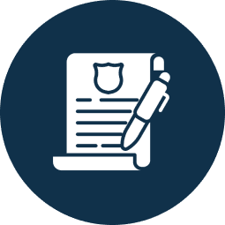 Icon of a document with a shield emblem and lines of text, accompanied by a pen, on a dark blue circular background.